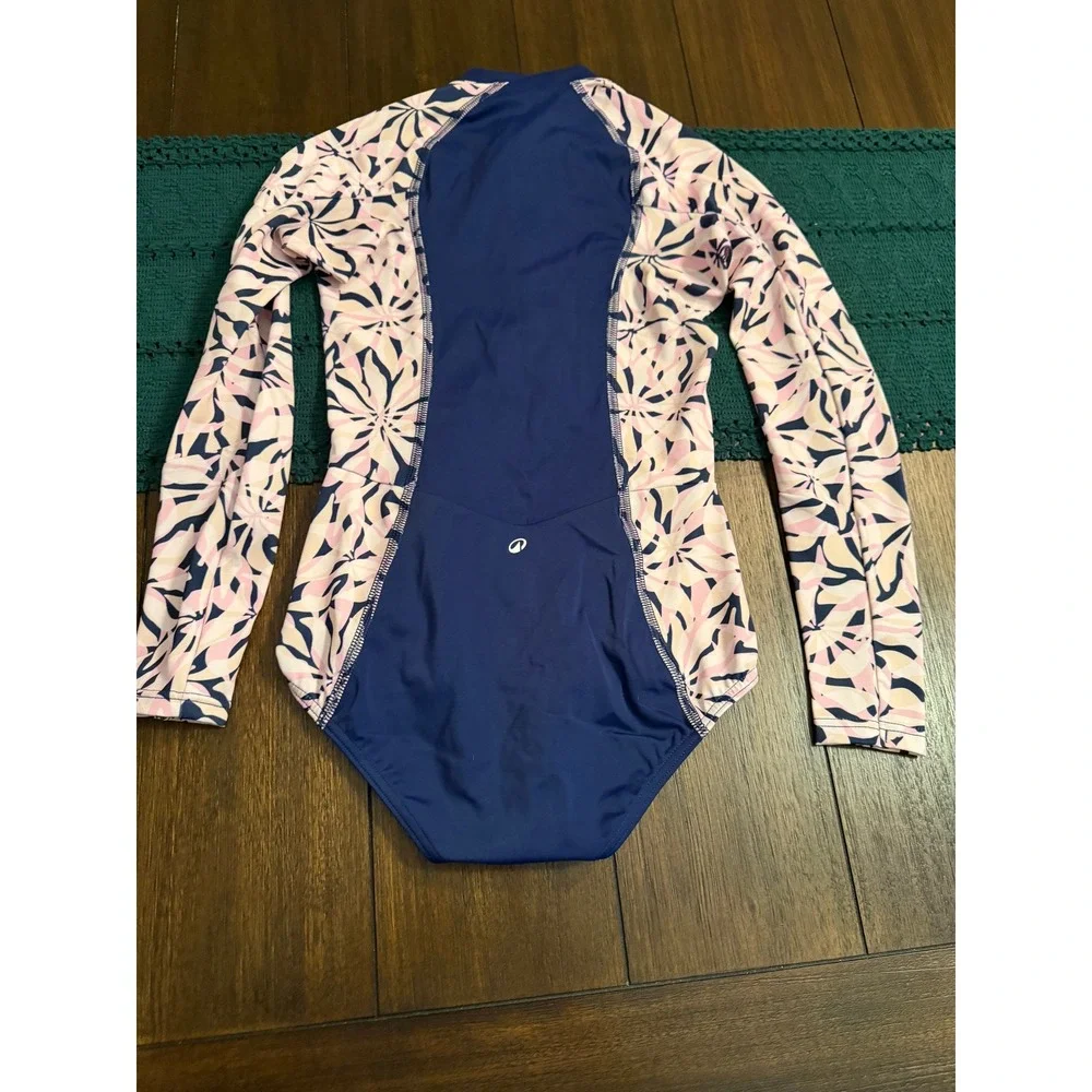 Girls Navy Pink Floral Long Sleeve One Piece Swimsuit UPF 50+ Rash Guard 10-11Y